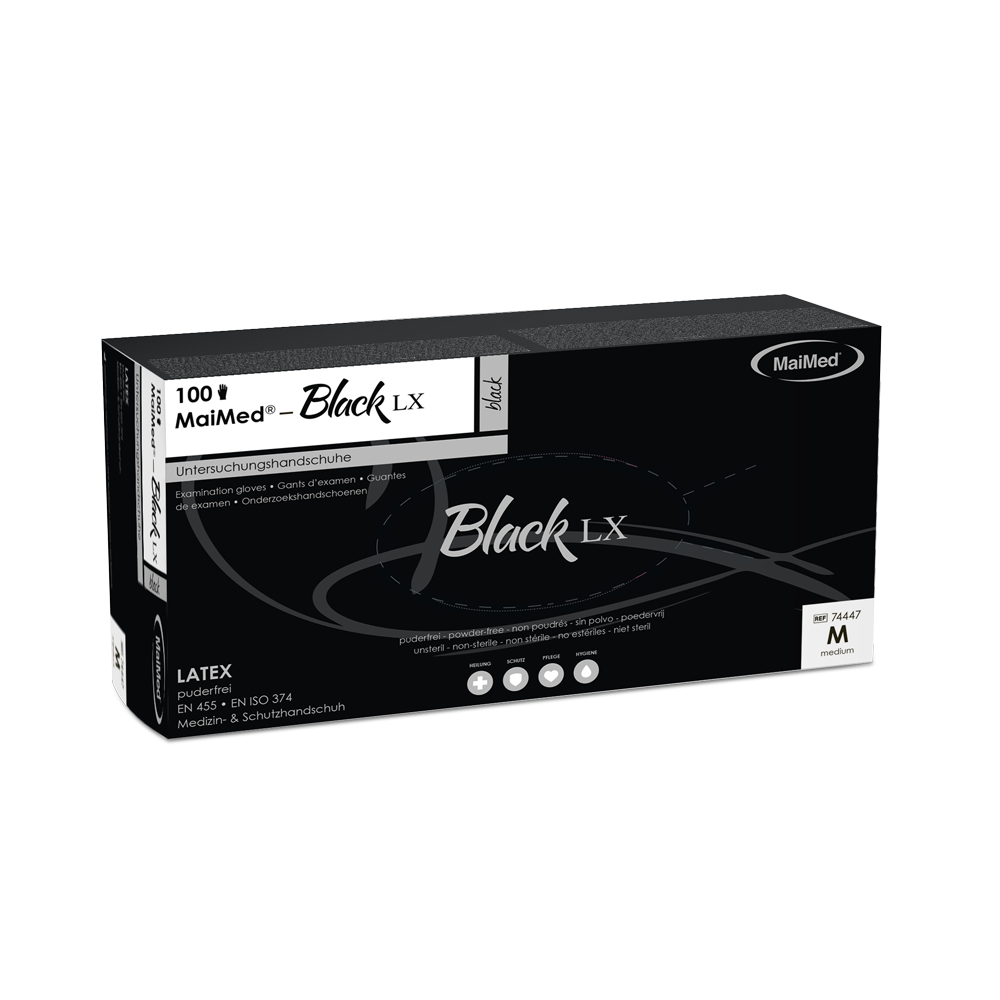 Guantes de examen de látex desechables MaiMed-Black LX PF, sin polvo, 100 unidades/caja