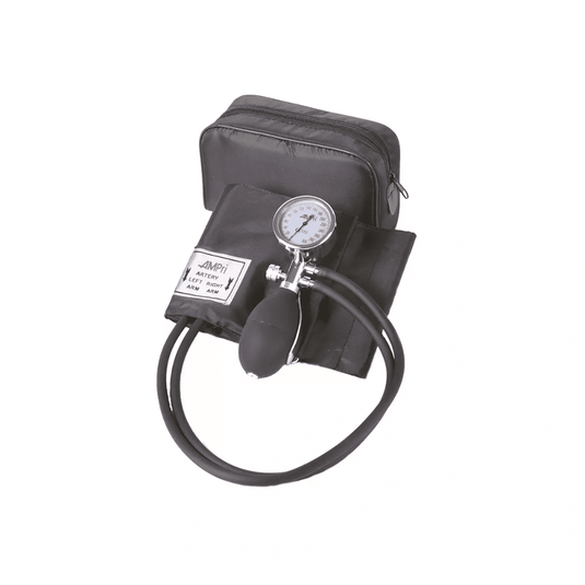 El tensiómetro aneroide Med Comfort para el brazo, con sistema de dos tubos, de la empresa AMPri Handelsgesellschaft mbH, es un tensiómetro manual de color negro que incluye un manguito, un manómetro aneroide, una pera de inflado y un estuche de almacenamiento negro. El sistema de dos tubos garantiza lecturas precisas en mmHg, por lo que resulta ideal para la medición manual precisa de la presión arterial.