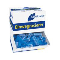 A box of single-use, non-sterile razors from Meditrade GmbH (Meditrade), opened to reveal several blue safety razors against a white background.