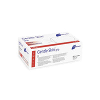 A sealed, rectangular box containing Meditrade Gentle Skin® Grip Latex Examination Gloves in size S, featuring the product information and the Meditrade GmbH logo. The box is
