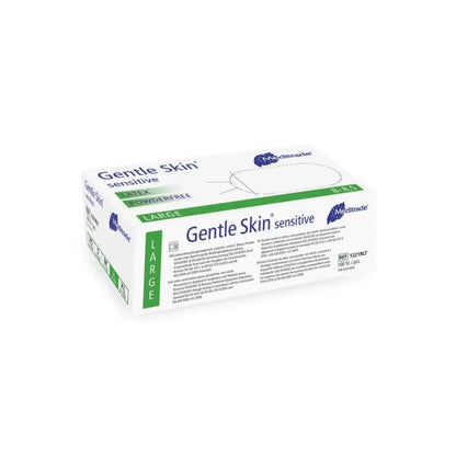 A box of Meditrade Gentle Skin® sensitive latex disposable gloves on a white background. The box is green and white with text describing the product features as disposable gloves.