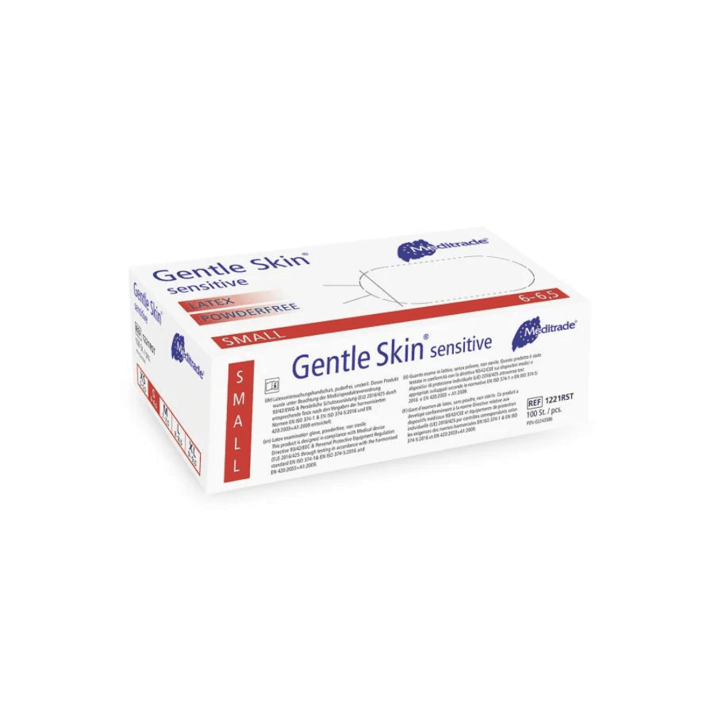 A box of small Meditrade Gentle Skin® sensitive latex disposable gloves from Meditrade GmbH on a white background. The box is predominantly white with red and blue text describing the product features.