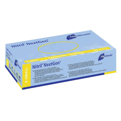 Meditrade Nitril Gloves NextGen® EN 455, polvo -libre, azul, 100 piezas.