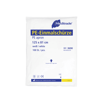 A pack of white Meditrade PE disposable aprons, 125 x 81 cm, containing 100 pieces. The pack features the branding and product details of Meditrade GmbH.