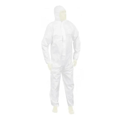 A person is wearing a white Meditrade Suavel® Yeti protective suit with a hood that completely covers the body and is standing against a white background. The suit appears lightweight and designed for safety.