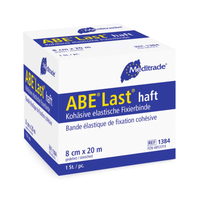 A box of Meditrade ABE® Last® Haft adhesive bandages from Meditrade GmbH, measuring 8 cm x 20 m. The packaging is white and blue with text in German, including product details.