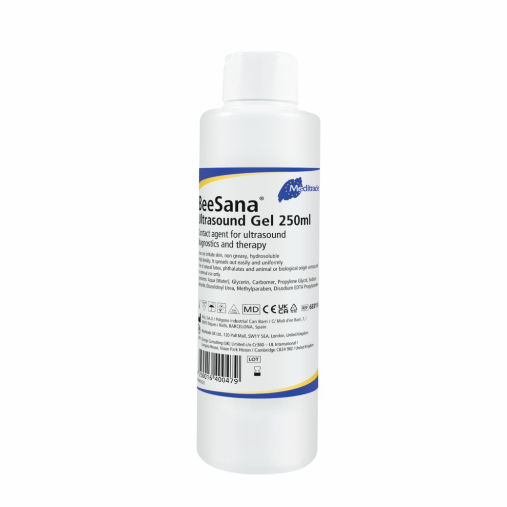A bottle of Meditrade BeeSana® Ultrasound Gel, 250 ml, labeled as a lubricant for ultrasound procedures. The label contains product details and symbols for regulatory compliance.