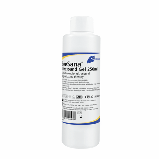 Un frasco de gel para ecografía Meditrade BeeSana®, de 250 ml, indicado como lubricante para procedimientos ecográficos. La etiqueta incluye información sobre el producto y símbolos relativos al cumplimiento de la normativa legal.