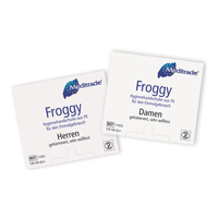 Dos paquetes de guantes desechables Meditrade Froggy (guantes higiénicos), uno con etiqueta para hombres y otro para mujeres, con un logotipo de una rana y un texto en alemán sobre la higiene de los guantes.