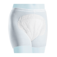 Primer plano de un par de braguitas de incontinencia para adultos «Meditrade Panty» de color azul claro. La zona acolchada para la absorción se aprecia sobre un fondo blanco. Estas braguitas forman parte de la serie «Meditrade Panty».