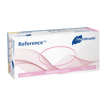 Una caja de guantes de examen de látex Meditrade Reference™ en tamaño XL con 100 unidades, predominantemente empaque blanco y rosa con acentos azules.