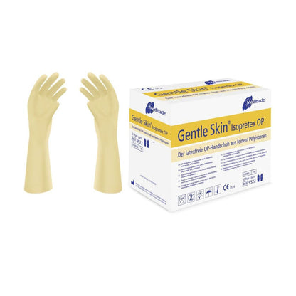 Two beige Meditrade Gentle Skin® Isopretex® surgical gloves, sterile and powder-free, are displayed next to a box. The box is labeled in English and German, emphasizing the sterile and powder-free properties of the gloves. Symbols highlight the latex-free composition and compliance with safety standards.