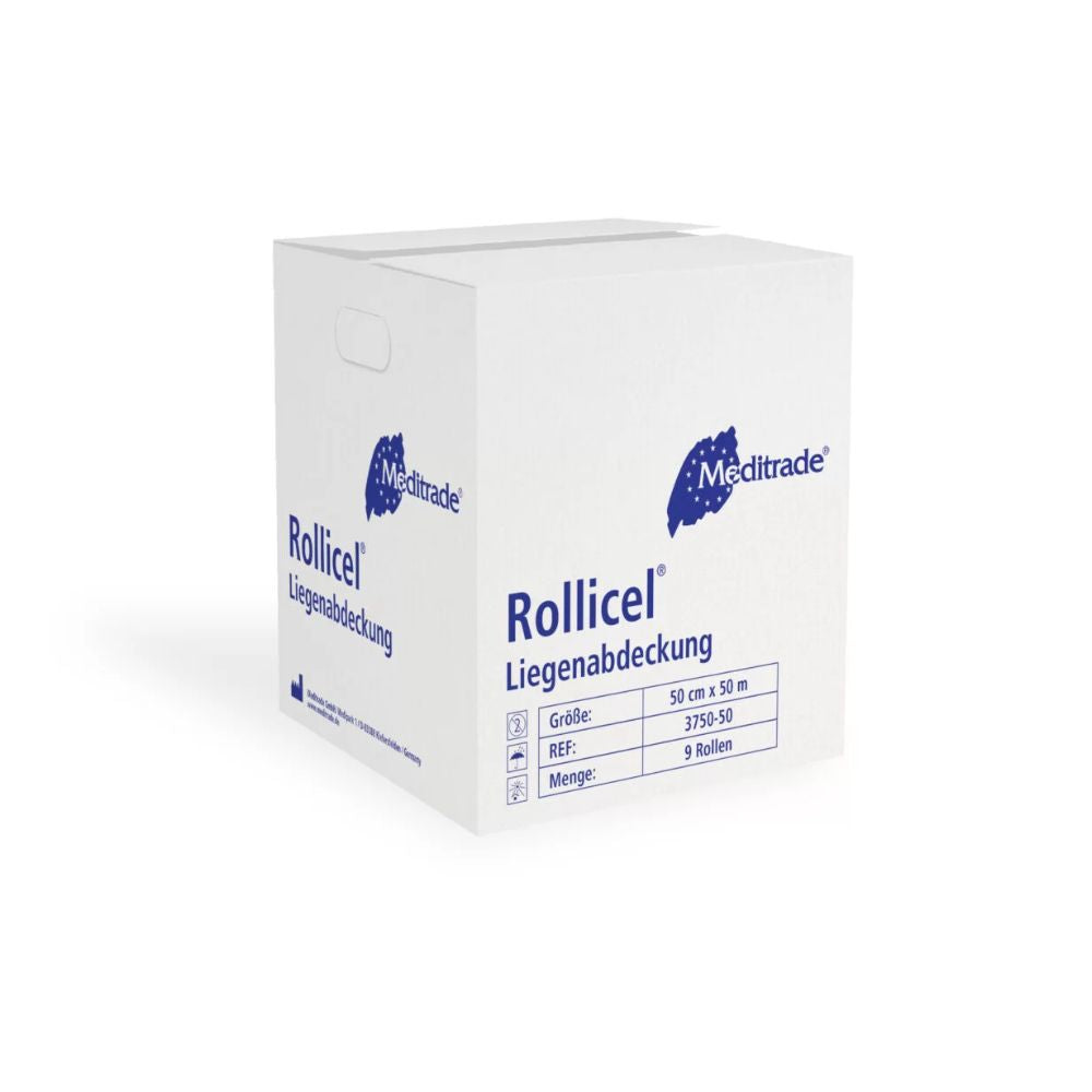 Eine weiße Schachtel mit dem Markennamen Meditrade GmbH präsentiert die Zusammensetzung des Zellstoff-Tissues mit der Bezeichnung Meditrade Rollicel® Liegenabdeckung. Der Karton mit den Abmessungen 50 cm x 50 m enthält sechs Packungen und verfügt über einen Griffausschnitt mit auffälligen blauen Markengrafiken.
