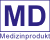 Das Bild zeigt eine blau-weiße Grafik mit dem Text „Medizinprodukt“ am unteren Rand. Der Hintergrund ist blau mit einer weißen Umrandung am oberen und rechten Rand.