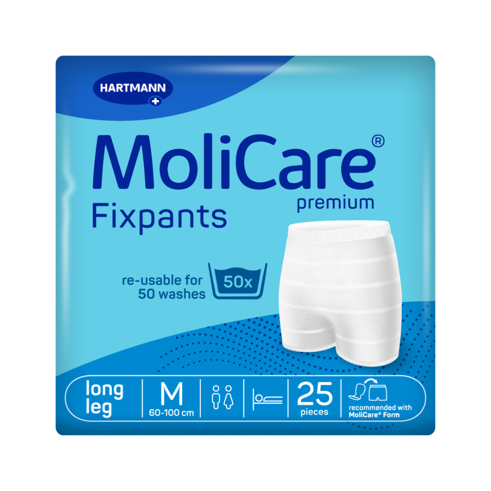 Die MoliCare® Premium Fixpants für lange Beine der Paul Hartmann AG in der Größe M werden in einer blau-weißen Packung geliefert. Sie enthalten 25 wiederverwendbare weiße Netzhosen, die mit Inkontinenzeinlagen kompatibel sind und für 50 Wäschen ausgelegt sind.
