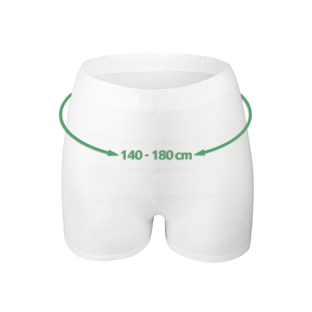 Die Hartmann MoliCare® Premium Fixpants (Netzhose) der Paul Hartmann AG sind auf einfarbigem Hintergrund abgebildet. Ein grüner Pfeil markiert den Verstellbereich des Bunds von 140–180 cm und weist auf die Eignung als Medizinprodukt hin. Die Packung enthält 25 Stück.