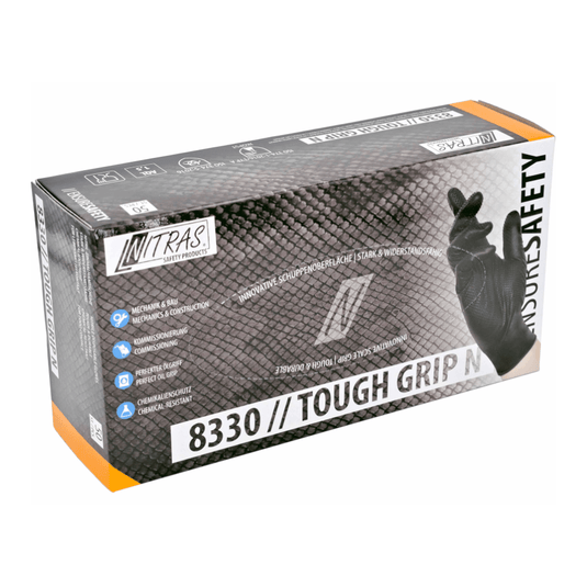 Caja de guantes de seguridad de nitrilo con la inscripción «NITRAS TOUGH GRIP N» de AS Arbeitsschutz GmbH. El envase contiene guantes de nitrilo negros con una innovadora «superficie escamosa» que proporciona un agarre texturizado, y presenta símbolos que indican su resistencia a los riesgos mecánicos y químicos.