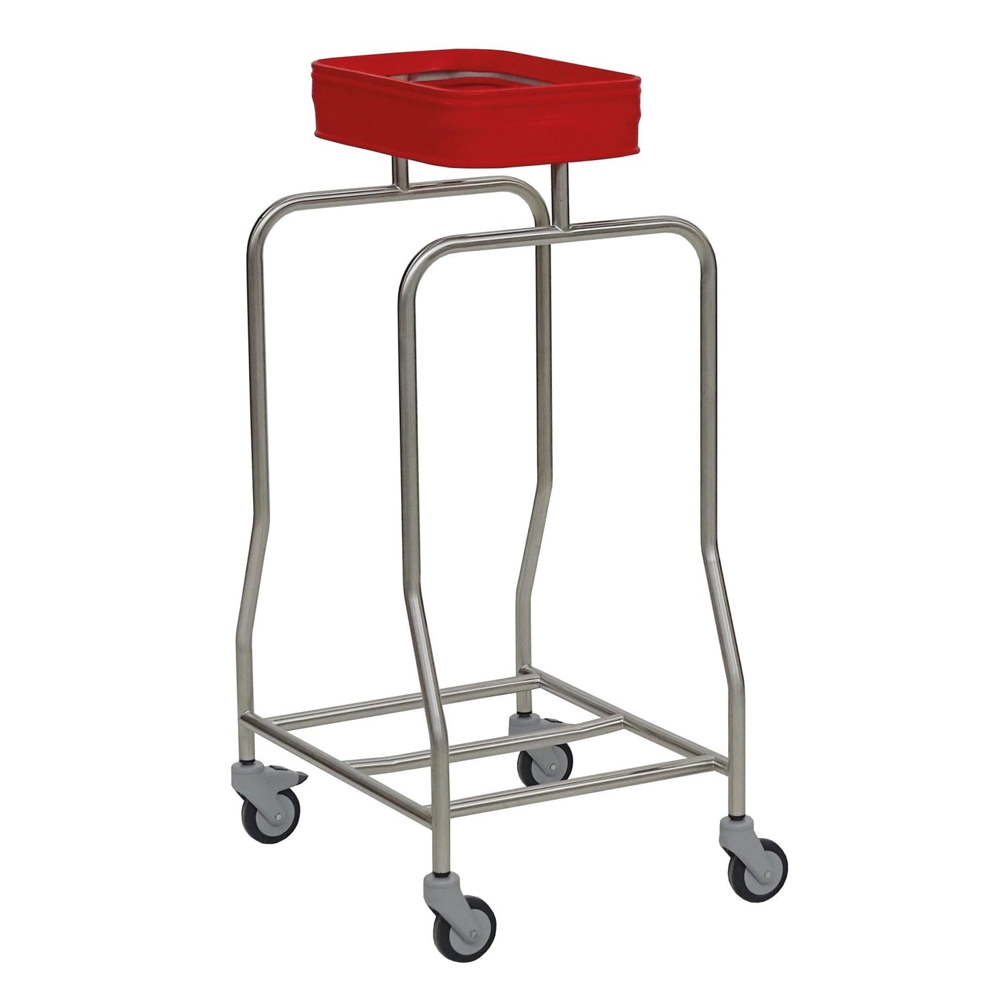 El recolector de ropa de acero inoxidable Novocal "Kompakt" con cuatro ruedas giratorias y un contenedor rectangular rojo es ideal para la eliminación eficiente de residuos o la organización de ropa en el sector de la salud.