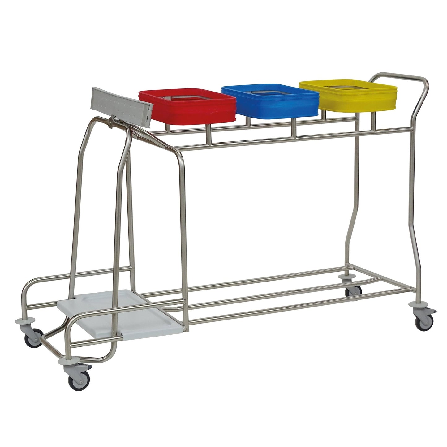 Den Novocal rustfrie stål-kleskurven "Kompakt plus" er en mobil 3-i-1 kombikurv med fargede beholdere (rød, blå, gul) for hygienisk klesoppbevaring eller avfallssortering - optimalt organisert og plassbesparende på hjul.