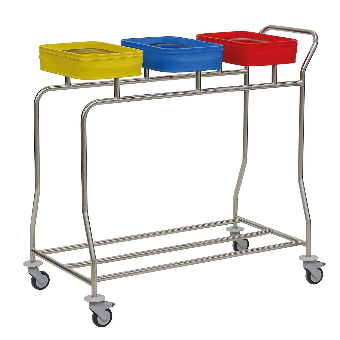 Eine platzsparende Lösung: Der Novocal Edelstahl-Wäschesammler "Kompakt plus" mit drei farbigen Behältern auf Rollen - ideal zum Sortieren oder Sammeln verschiedener Gegenstände.