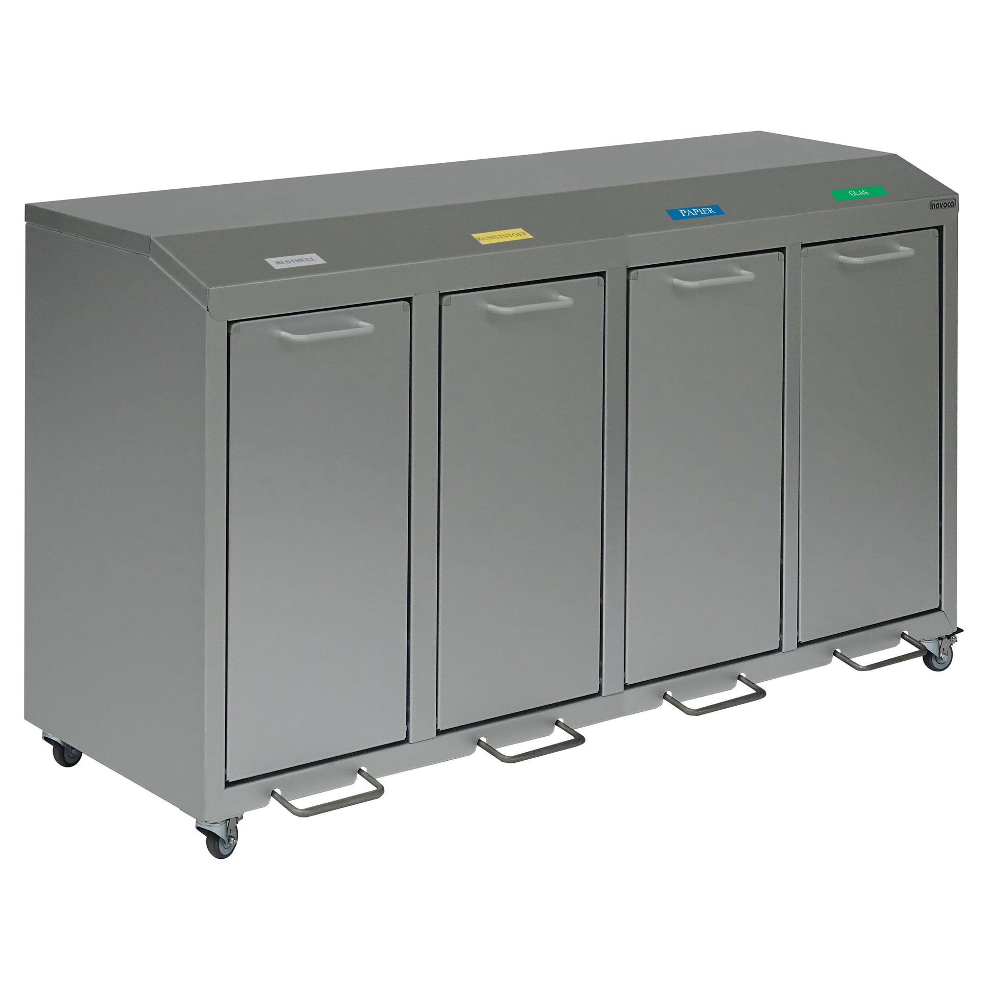 Der Novocal Wertstoffschrank Serie 3000 Vierfachsammler ist eine Aluminium-Recyclingstation mit vier elektrisch leitfähigen Fächern - ideal für eine effiziente Abfalltrennung.