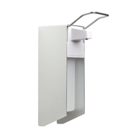 The NITRAS disinfectant dispenser with arm lever from MCD MEDICAL CARE DENTAL GmbH, made of aluminum and plastic (silver/white), makes hygiene easy. Includes wall mount; suitable for 500 ml bottles. Packaging: 1 piece.