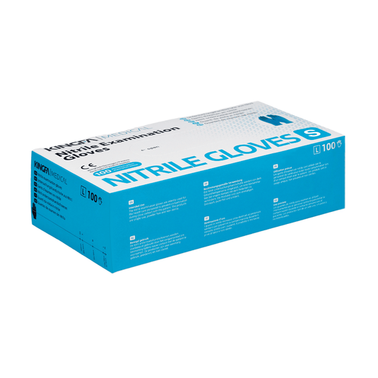 Una caja de guantes de examen de nitrilo de Kingfa, en un envase de color cian y blanco, fabricados 100 % en nitrilo sintético y sin látex. El envase contiene 100 unidades. Incluye un texto que destaca las características del producto.