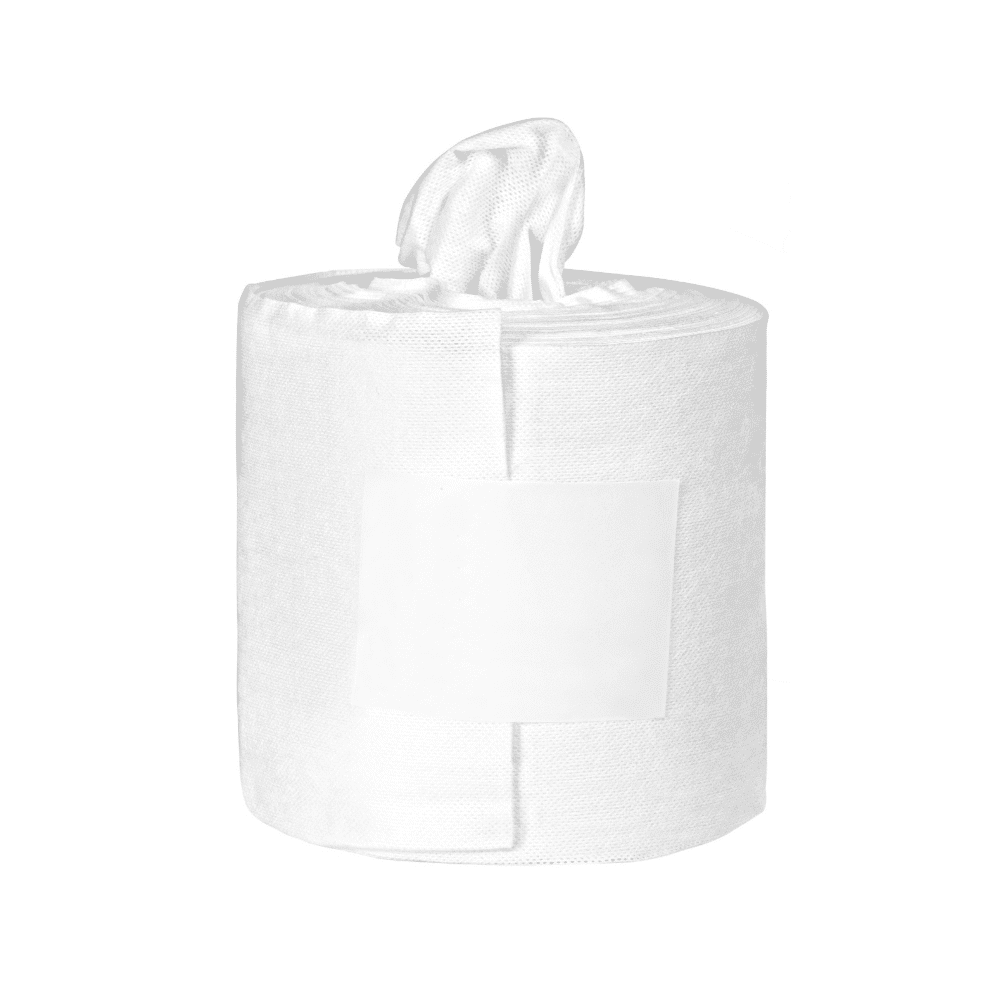 En rull Orochemie oro® fleecekluter standard refillpakke fra orochemie GmbH + Co KG, med et enkelt ark som tas fra midten, isolert på hvit bakgrunn.