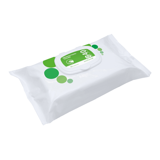 Un paquete de toallitas desinfectantes Orochemie B 40, listas para usar, con una etiqueta verde en la que figura la inscripción en inglés «refreshing», diseñadas especialmente para la desinfección rápida, sobre un fondo blanco liso.