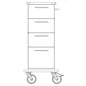 Line drawing of a tall, rectangular Novocal care and work trolley chassis with three horizontal drawers, a handle on the right side, and two large wheels at the bottom, seen from the front. Brand: Novocal.