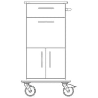 Front view of the Novocal care and utility cart: featuring an all-plastic frame, an upper drawer, a lower cabinet with two doors, a handle on the right side, and two large wheels. Brand: Novocal.