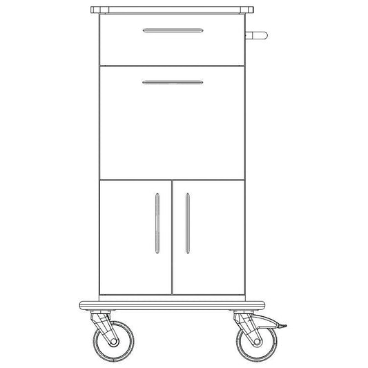 Frontansicht des Novocal Pflege- und Arbeitswagens: mit Vollkunststoff-Fahrgestell, oberer Schublade, unterem Schrank mit zwei Türen, Griff auf der rechten Seite und zwei großen Rädern. Marke: Novocal.