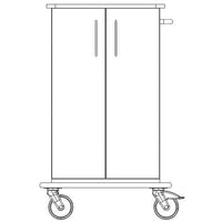 Front view line drawing of a Novocal care and utility cart chassis with two doors, a handle on the right side, and four wheels. Brand: Novocal. Packaging: 1 piece. Made of solid, one-piece plastic.