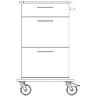 A line drawing of the Novocal care and utility cart shows a cart with three drawers, a handle on the right side, and two large wheels—ideal for transporting or storing items in care facilities.
