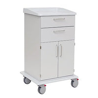 The Novocal care and utility cart, featuring two drawers, a two-door cabinet, metal handles, and four casters (with red brakes on the rear), is ideal for care settings. Sturdy all-plastic frame. Package: 1 piece.