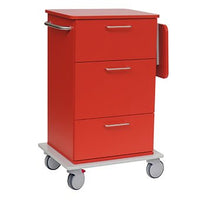 The Novocal nursing and utility cart features three drawers, a handle on the left side, a fold-down shelf on the right side, and four gray swivel casters mounted on a sturdy white all-plastic base—ideal for nursing facilities. Brand: Novocal. Package: 1 piece.