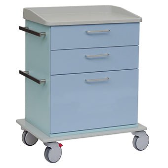 The Novocal care and work trolley chassis has a light blue body, three drawers, two side handles, and four wheels (one with a red brake lever). Its white top has raised edges - ideal for use in care facilities. Package: 1 piece.