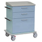The Novocal care and work trolley chassis has a light blue body, three drawers, two side handles, and four wheels (one with a red brake lever). Its white top has raised edges - ideal for use in care facilities. Package: 1 piece.