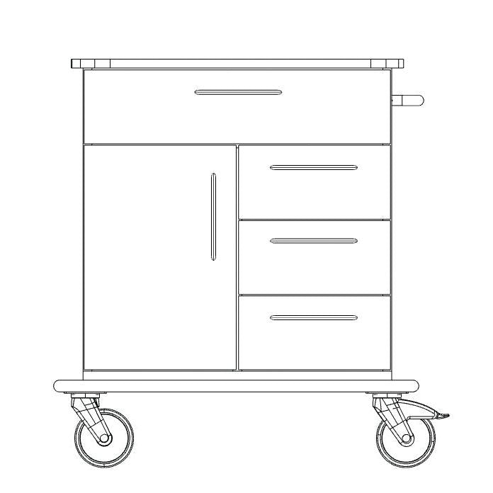 Dibujo en blanco y negro de un chasis de carro de cuidado y trabajo Novocal (plástico completo), con un cajón superior, tres cajones laterales, una puerta de armario, grandes ruedas y un asa en el lado derecho. Marca: Novocal.