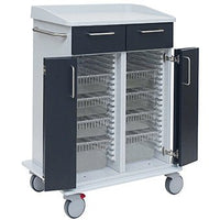 The Novocal Care and Work Cart features a sturdy all-plastic frame, two upper drawers, open double doors with transparent shelves inside, and four casters for easy mobility.