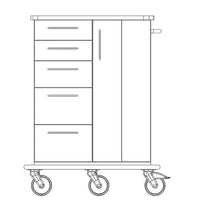 Dibujo a trazo del carrito de cuidados y trabajo de Novocal, con chasis íntegramente de plástico, cuatro cajones a la izquierda, un armario vertical a la derecha con tirador y cuatro ruedas en la base. Con un tirador horizontal en el lado derecho. Marca: Novocal.