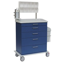 Un carrito de trabajo y cuidado de Novocal, fabricado en plástico macizo azul, con cuatro cajones, una superficie plana, un organizador transparente en la parte superior, un compartimento lateral blanco y cuatro ruedas giratorias.