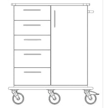 Strichzeichnung eines Novocal Pflege- und Arbeitswagens: Vollkunststoff-Fahrgestell mit vier linken Auszügen, einem rechten Hochschrank mit senkrechtem Griff, alles auf vier Lenkrollen. Marke: Novocal. Packung (1 Stück).