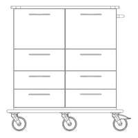 Dibujo a trazo de un carrito de trabajo y cuidado de Novocal con ocho cajones, cuatro ruedas grandes, asas horizontales, barra de sujeción a la derecha y una superficie resistente totalmente de plástico para un uso versátil. Marca: Novocal.