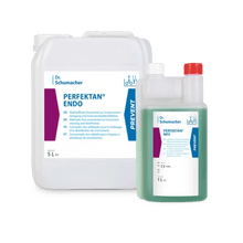 Pictured are two containers of Dr. Schumacher PERFEKTAN® NEU by Dr. Schumacher GmbH: a white 5L and a clear 1L with green liquid, ideal for surface disinfection in hygienic areas. Both labels are in German.
