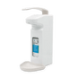 The Dr. Schumacher GmbH wall dispenser SPE 1000 (1 piece) is a white wall dispenser for hand disinfection with an upper lever and drip tray, in which a disinfectant bottle with a blue label is visible.