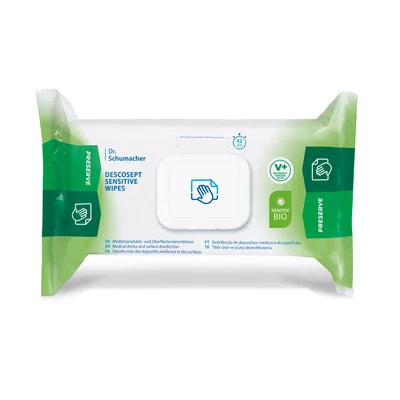 Un paquete de toallitas Dr. Schumacher Descosept Sensitive Wipes BIO (100 toallitas) de Dr. Schumacher GmbH tiene un embalaje verde y blanco con el nombre del producto, símbolos y una apertura central de plástico para la extracción de estas toallitas biodegradables.