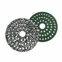 Two Arcora Pu-Pads Light (Waterdrop System) for small scrub-dryers: one black-and-white speckled, one solid green, both round with a center hole. Ideal for routine cleaning by Arcora International GmbH.
