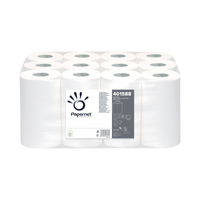One package Papernet Centrefeed towel rolls from Sofidel Germany GmbH contain 12 white, cylindrical rolls wrapped in transparent plastic. These rolls are designed for smooth inner unwinding. The label includes product details such as a barcode and the item number 401588.