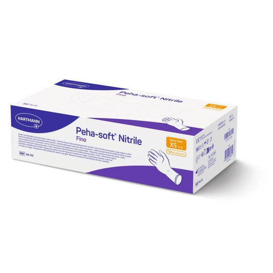 Caja de guantes desechables Peha-soft® nitrile fino de Paul Hartmann AG, sin látex y sin talco, con embalaje blanco y violeta en las tallas XS – S. Incluye una ilustración de una mano con el guante, códigos de barras e información sobre el producto en los laterales.